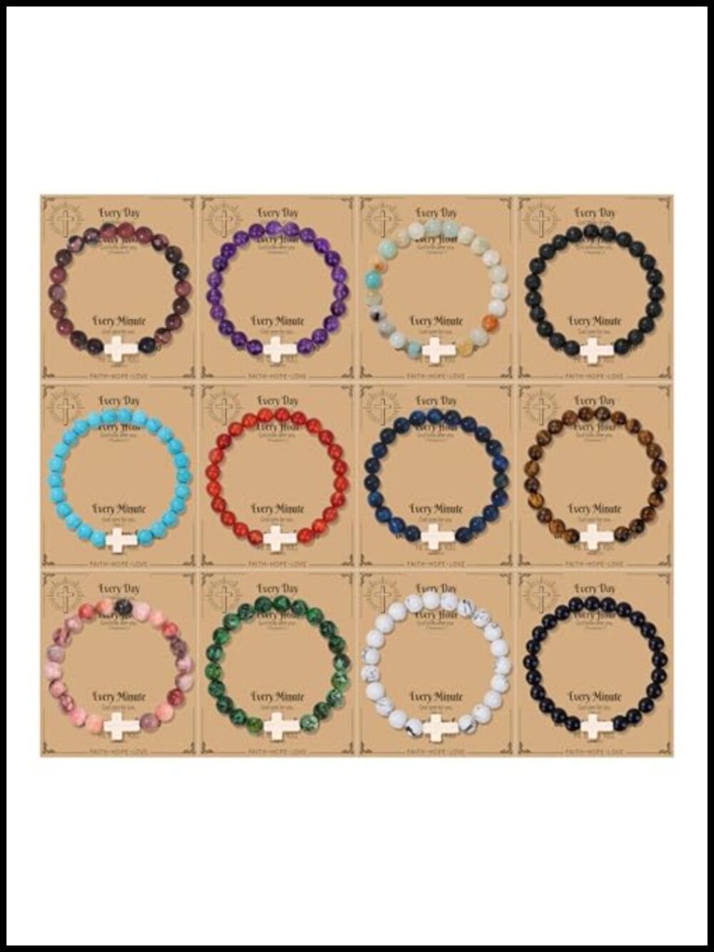 12pcs Cross Beaded Bracelets Stretch Gemstone Set for Women Men Christian